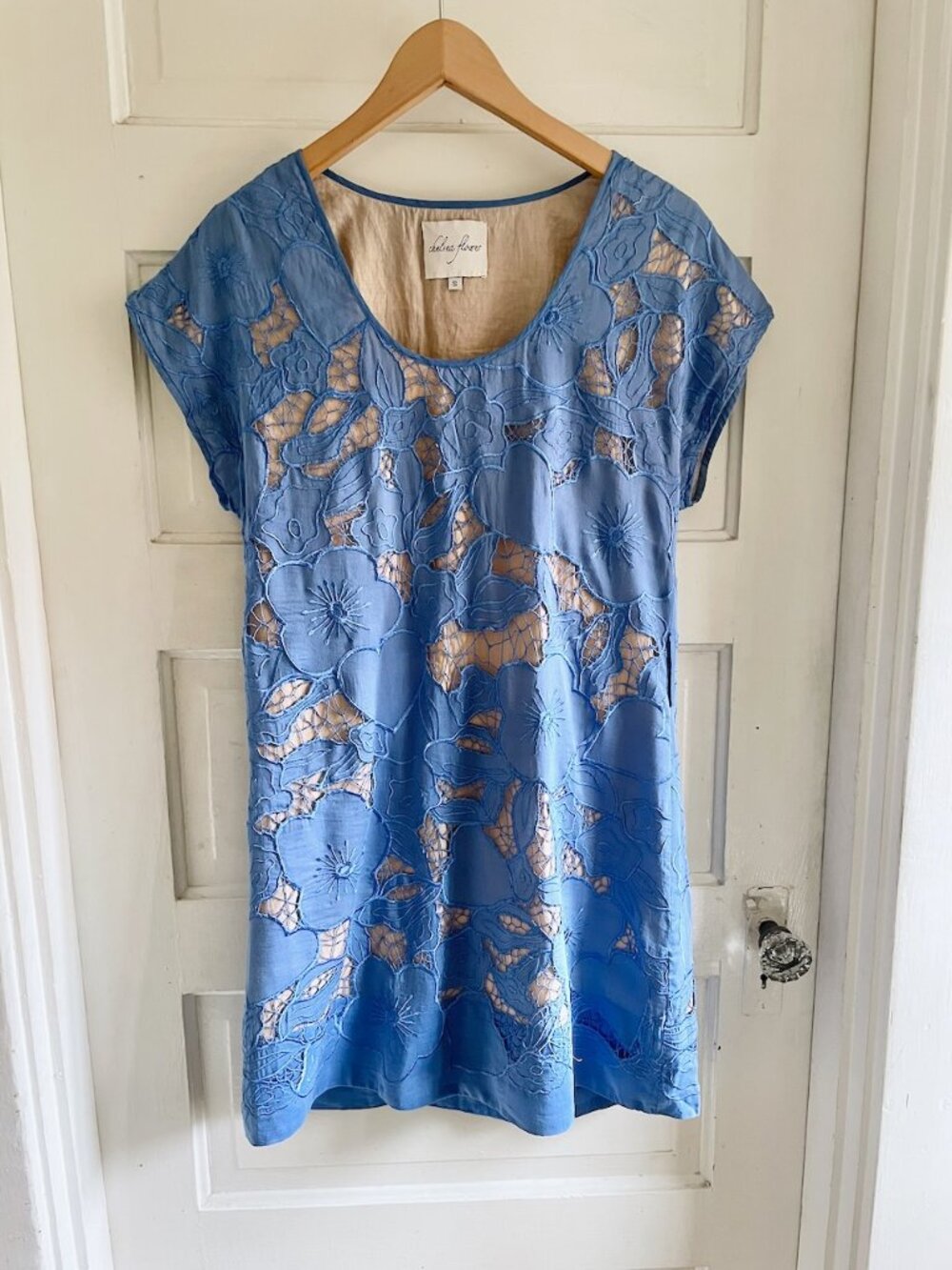 Chelsea Flower Blue Silk Blend Floral Eyelet Embroidered Overlay Dress S
